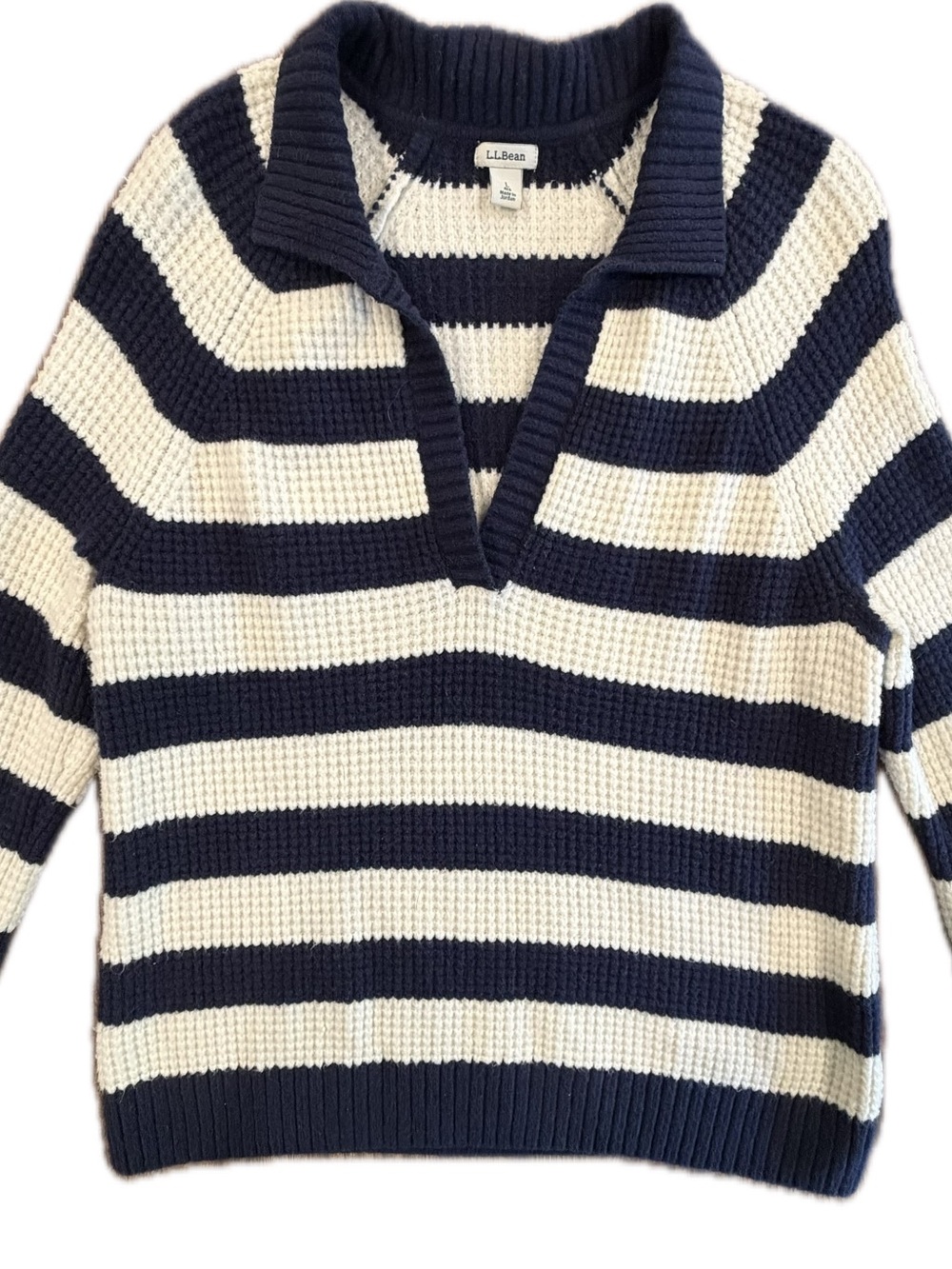 L.L. Bean Women's XL Navy and Cream Striped V-Neck Collared Sweater